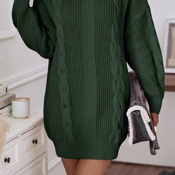 Mint Green Casual Womens Turtleneck Cable Knit Drop Shoulder Sweater Dress - Picture 3 of 5